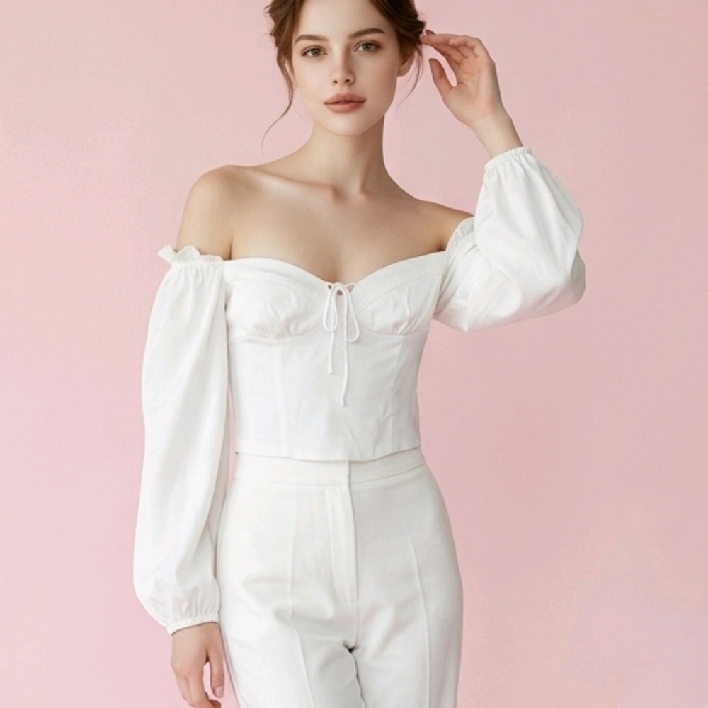 Wilfred Aritzia Cream Peasant Blouse Puff‎ Sleeve Tie Front Off Shoulder Top 2XS